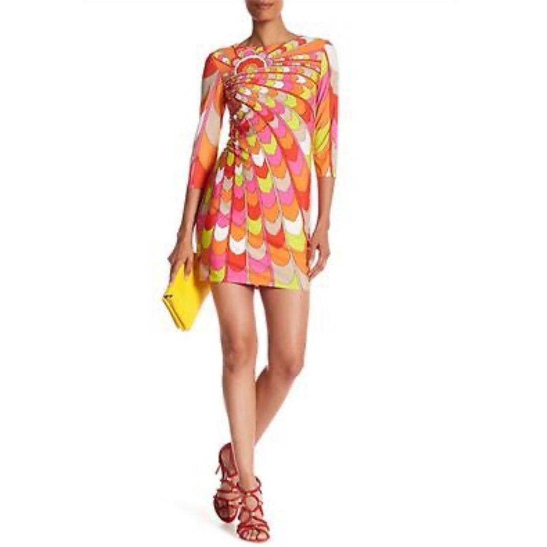 New Trina Turk Rhyan Print Sheath Dress 3/4 Sleeves Retro Size 6